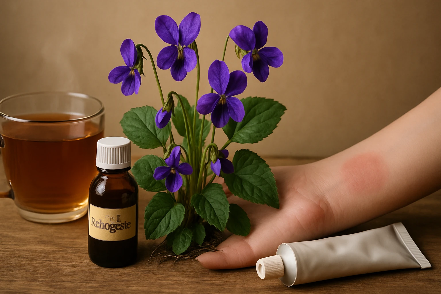 Fialové kvety s listami, vedľa nich fľaša s olejom a krém na ruke.
