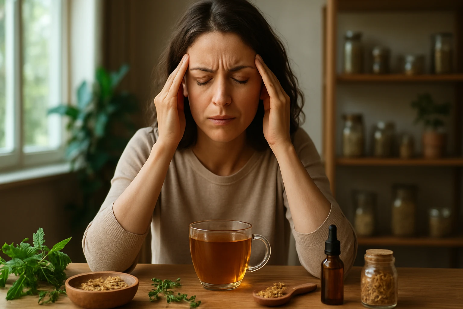 Žena s bolesťou hlavy sedí pri stole s bylinkovým čajom a prírodnými liekmi.