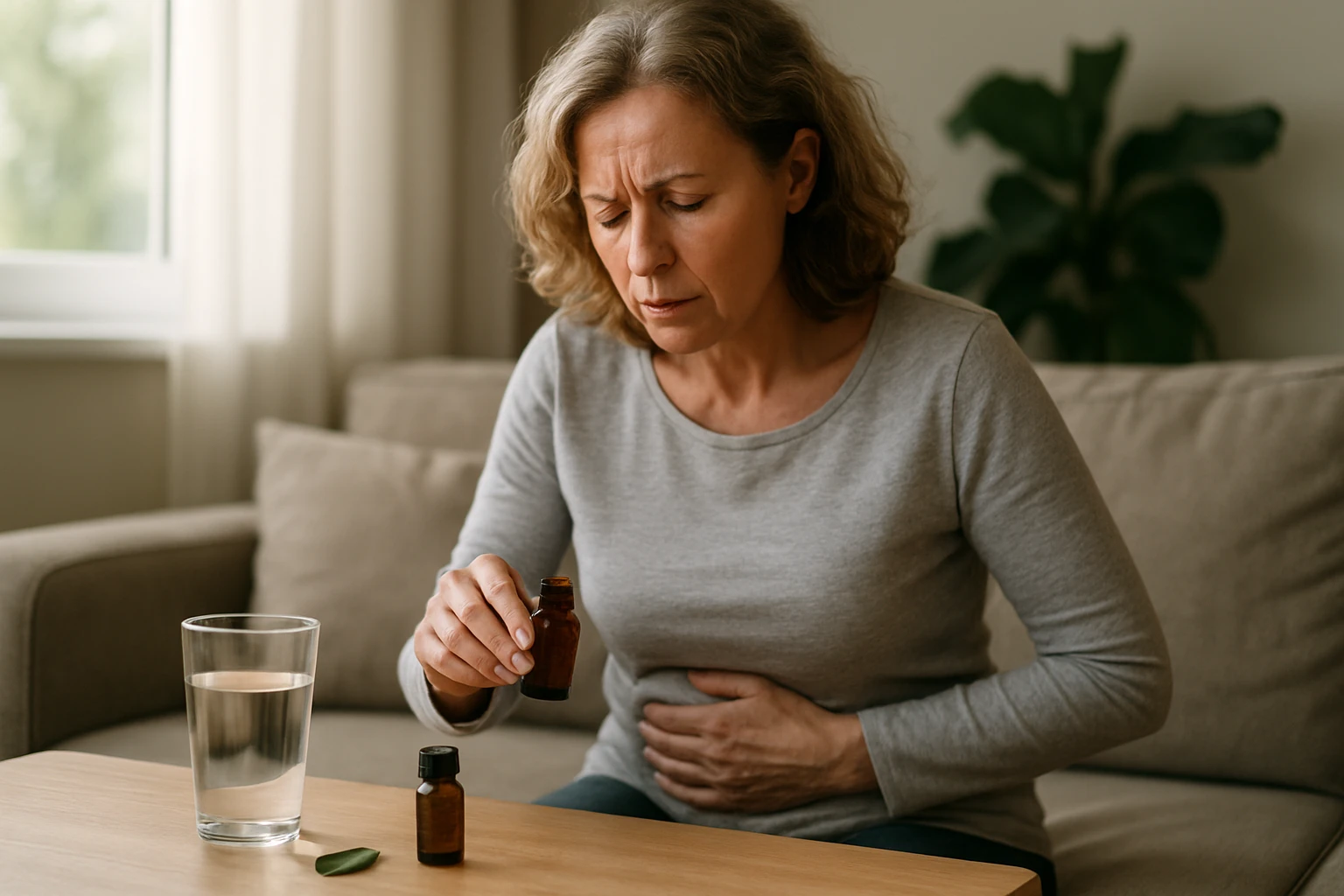 Žena s bolestivým výrazom drží fľaštičku s esenciálnym olejom a má ruku na bruchu.