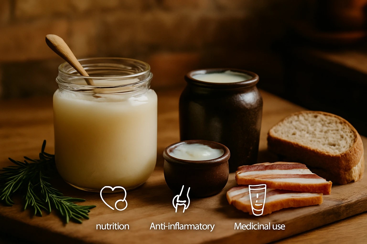 Sklenená nádoba s krémom, hnedé poháre a chlieb na drevenej doske.