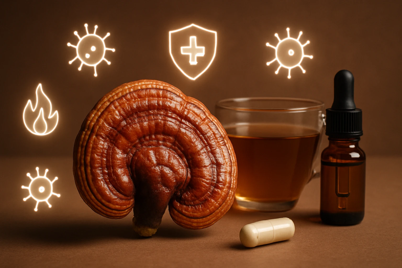 Húsenka reishi, pohár čaju a doplnky na posilnenie imunity.