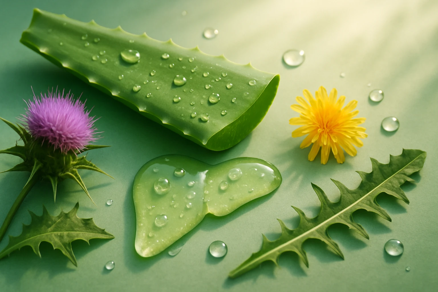 Zelené aloe vera listy vícero květinami a kapkami vody na pozadí.