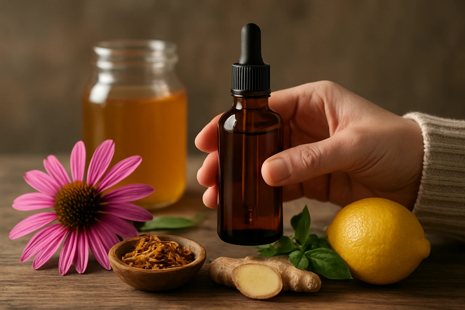 Ručne držená hnedá fľaša s kvapkadlom, vedľa nej citrón a zázvor.