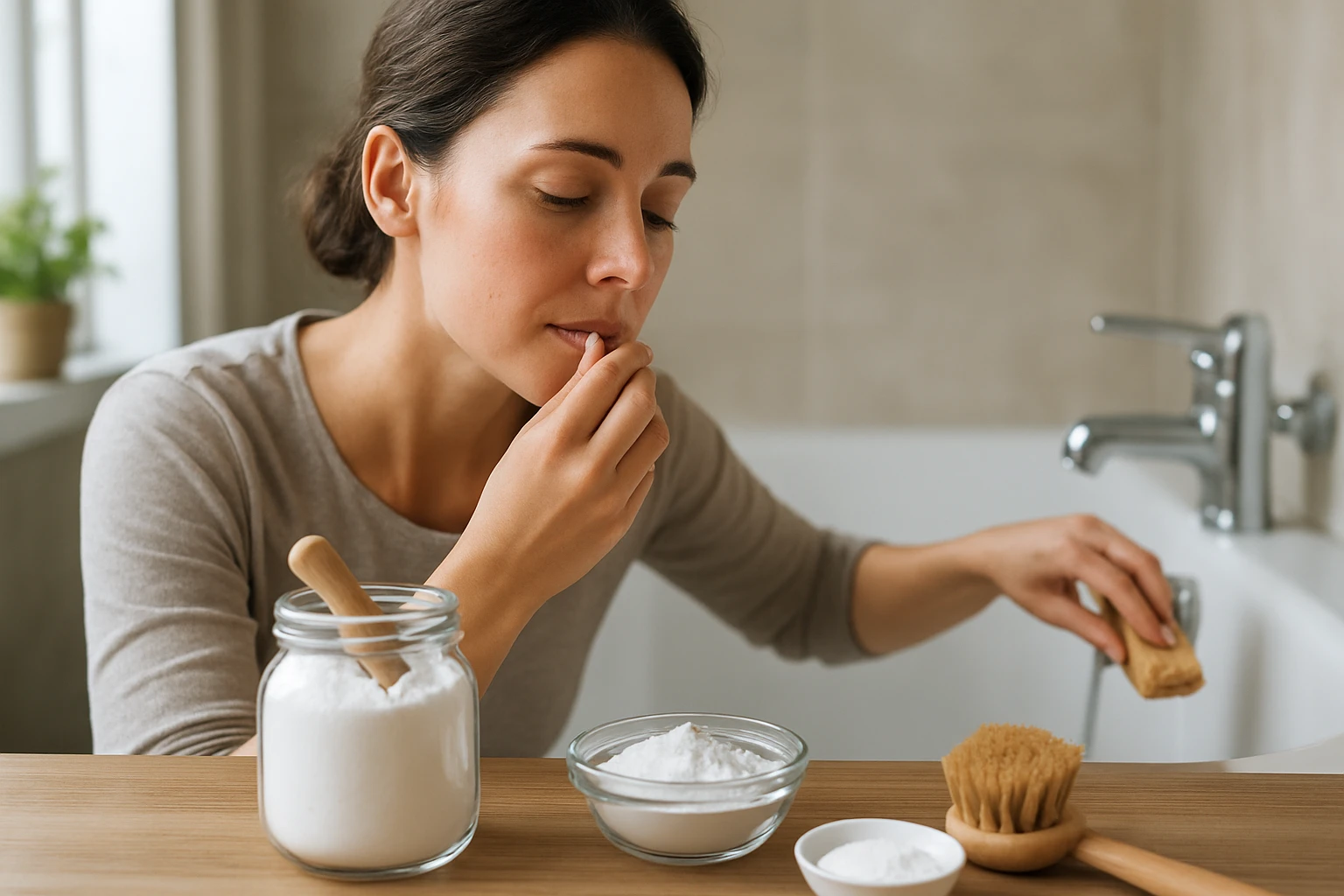 Žena sa sústredí na prípravu prírodného peelingu v kúpeľni.