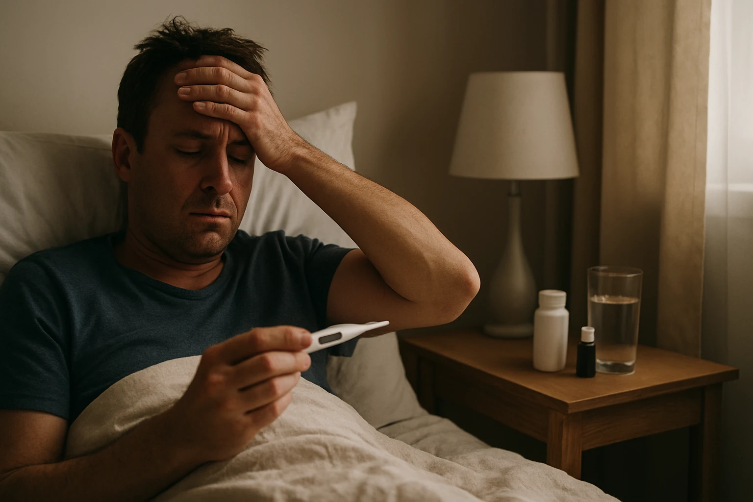 Muž leží v posteli, drží si čelo a kontroluje teplomer s výrazom bolesti.