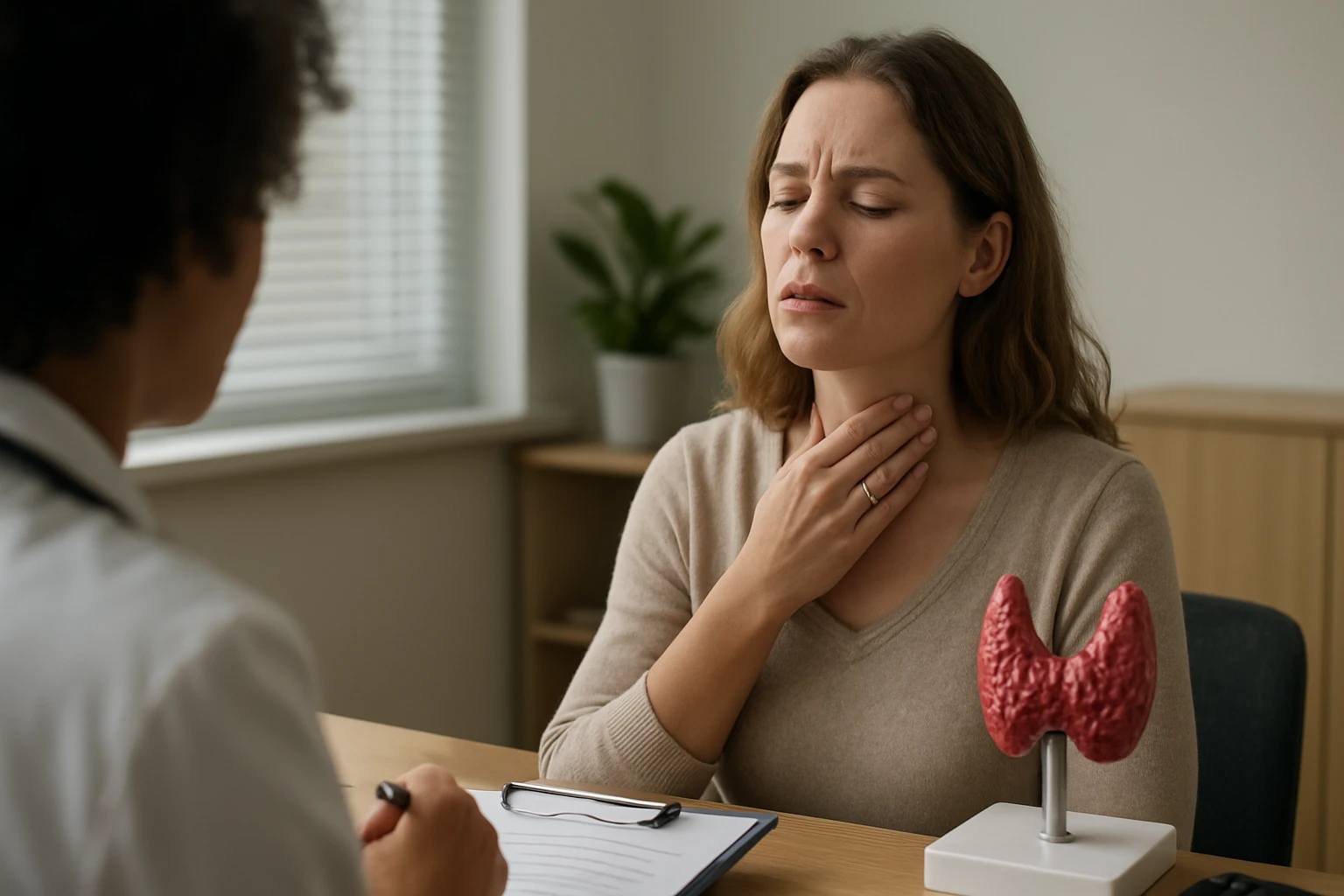 Žena sa sťažuje na problémy so štítnou žľazou počas lekárskej prehliadky.