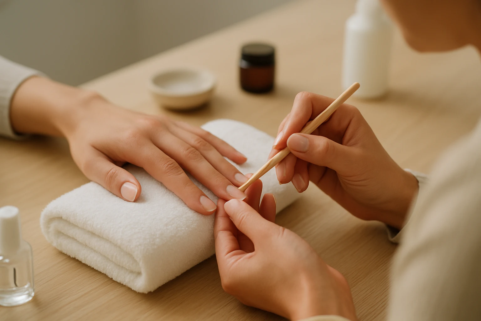 Žena dostáva manikúru, jej ruka leží na bielej utierke.