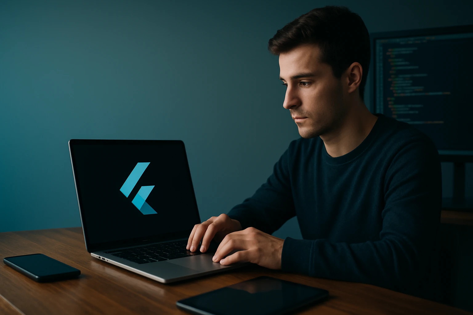 Mladý muž pracuje na laptopu, na obrazovke logo Flutter.