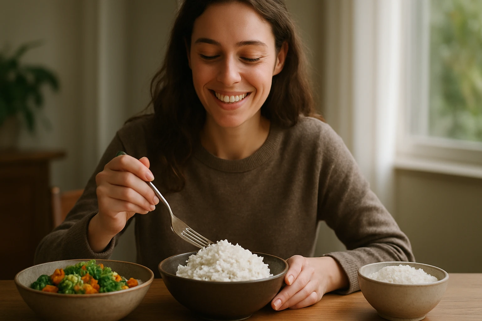 Žena sa usmieva a pripravuje sa na jedenie bielej ryže s vidlicou.