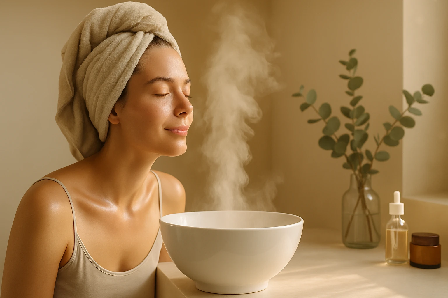 Žena s uterákom na hlave relaxuje pri parnom kúpeli tváre.