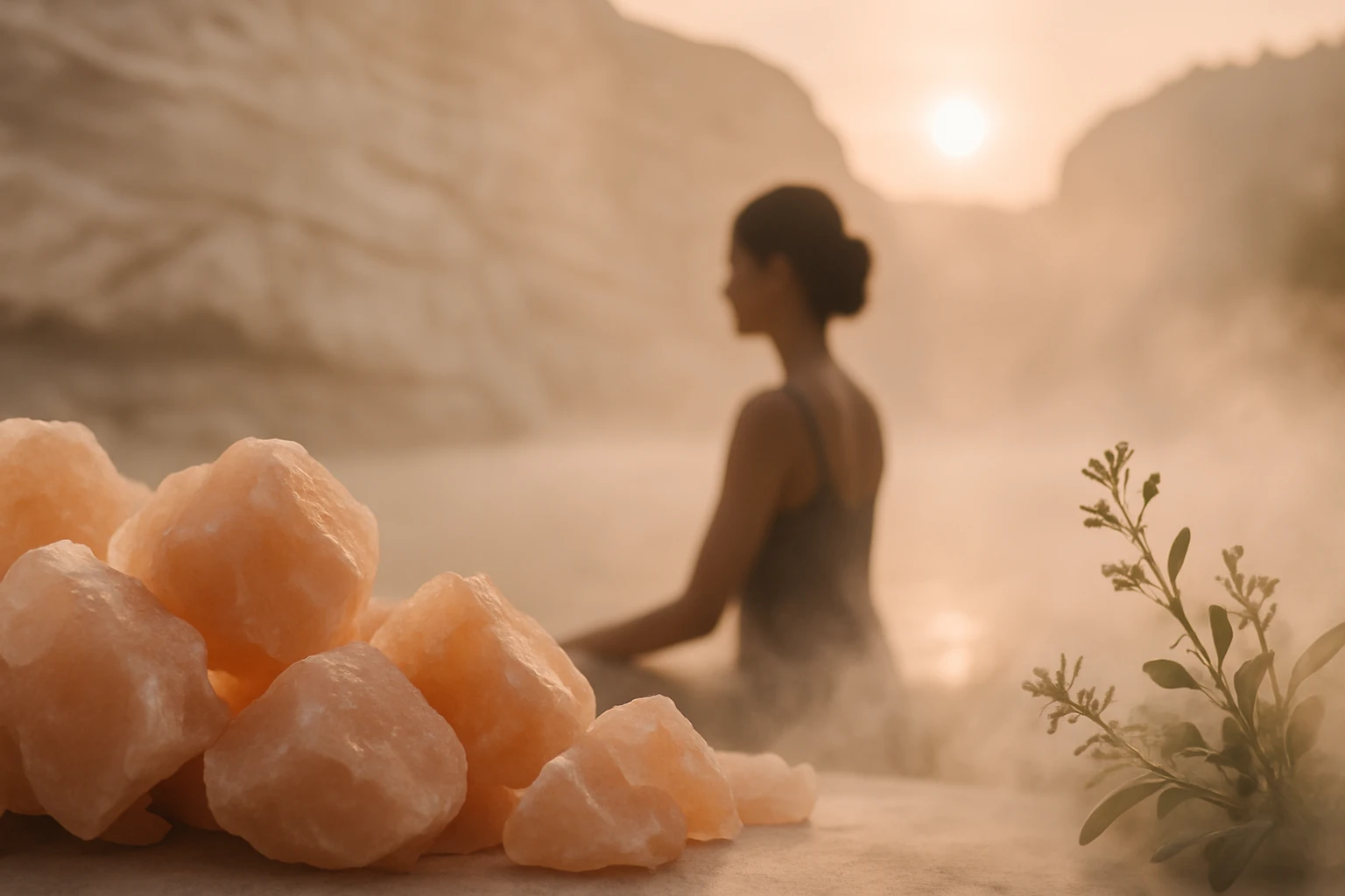 Žena sedí pri jazere s ružovými soľnými kryštálmi a parou okolo.