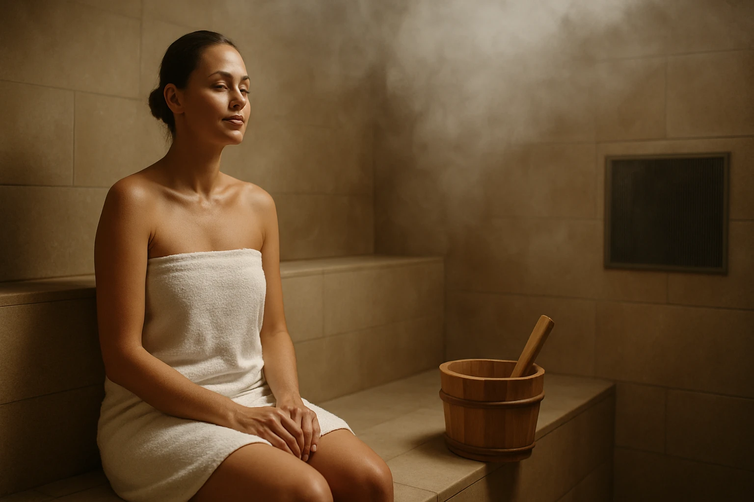 Žena v bielej osuške relaxuje v saune s parou okolo.