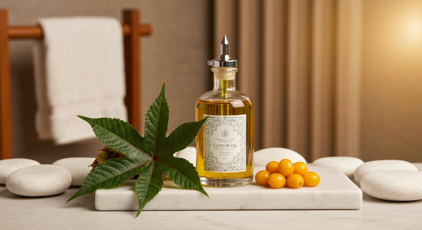 Fľaša ricínového oleja s listom a žltými plodmi na mramorovej doske.