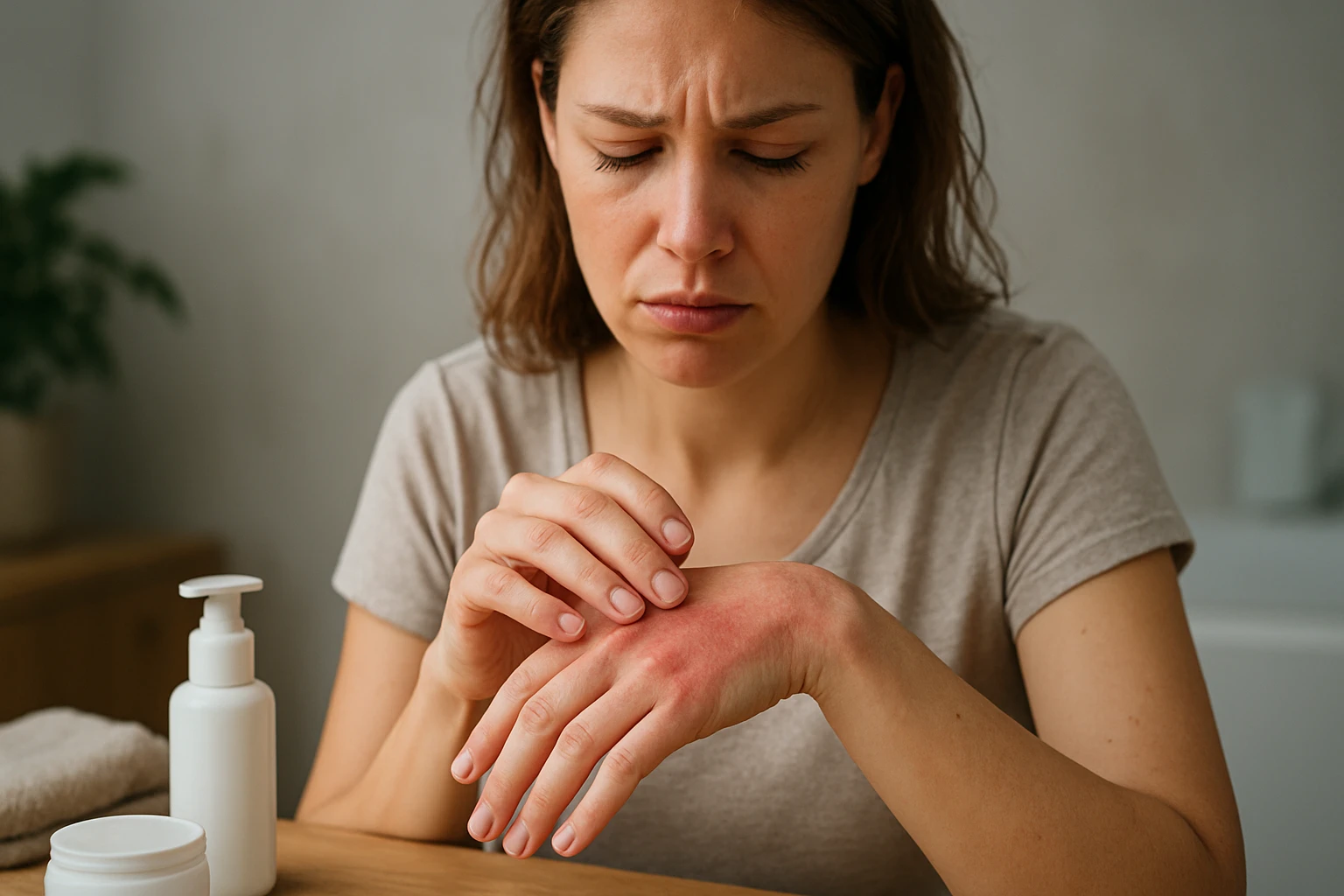 Žena sa zamyslene pozerá na červenú vyrážku na ruke, vyzerá znepokojene.