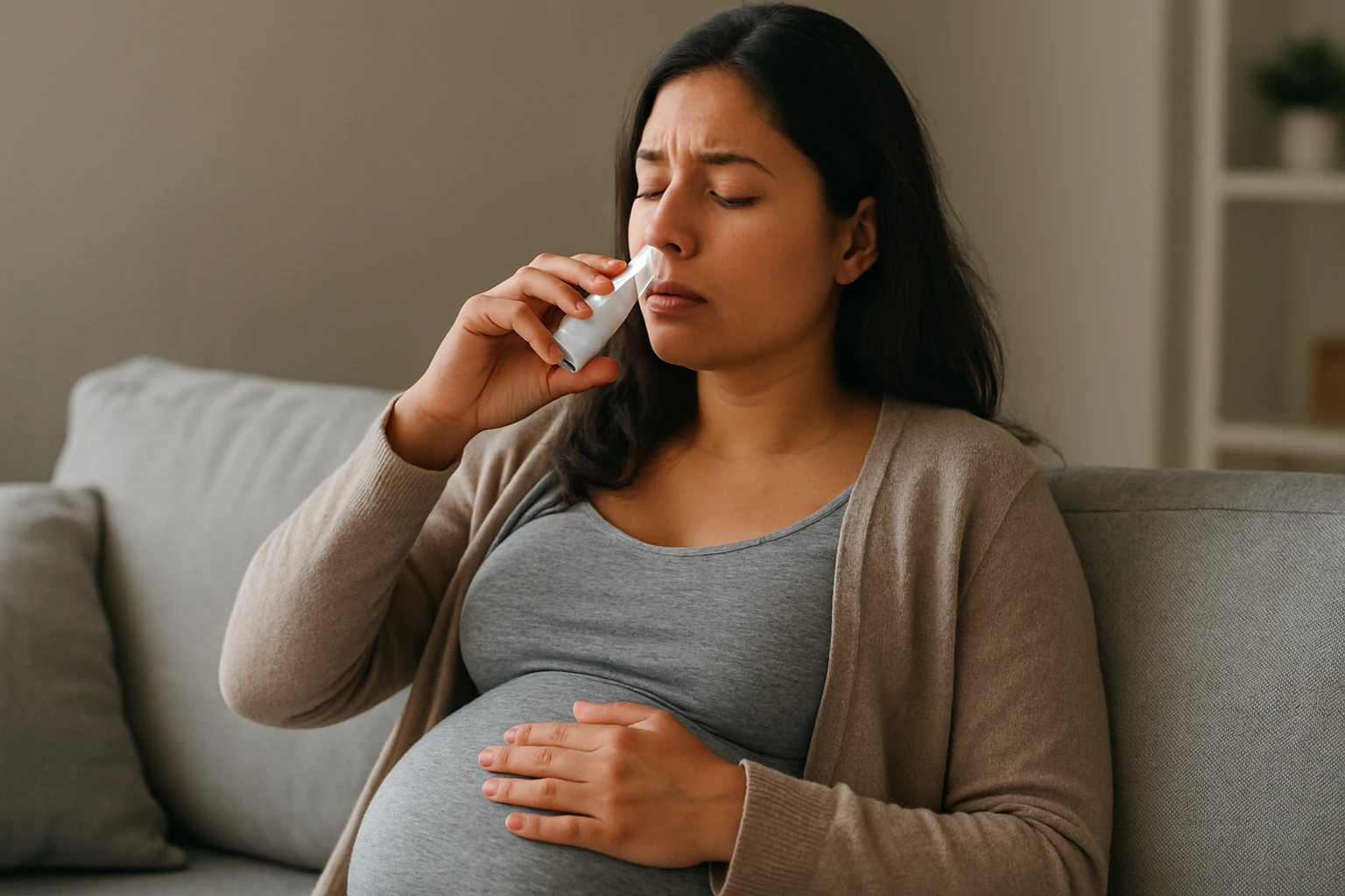 Tehotná žena, ktorá si aplikuje nosový sprej, vyzerá unavene.