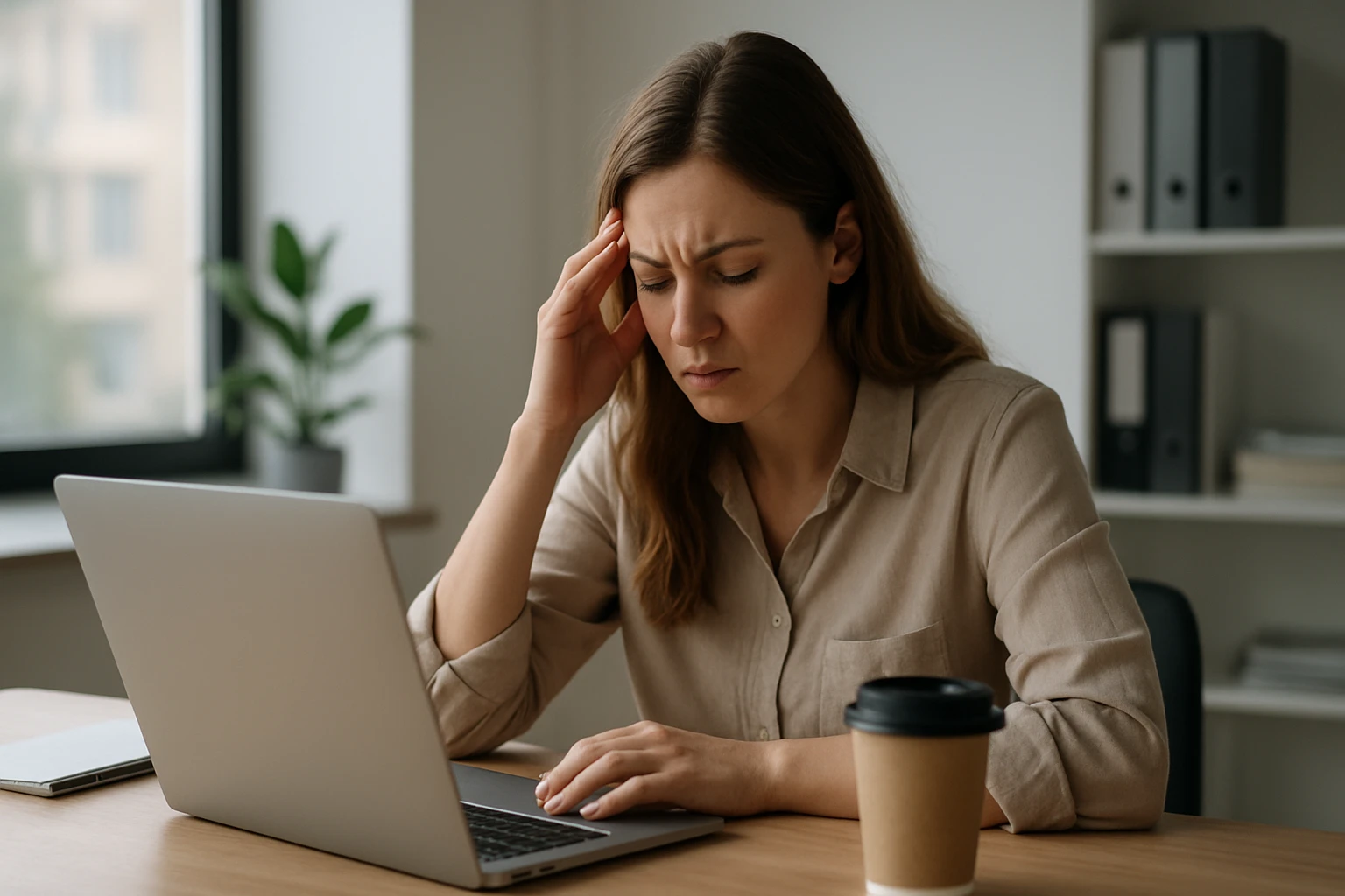 Žena s dlhými vlasmi sedí pri stole a má bolesti hlavy, pozerá sa na laptop.