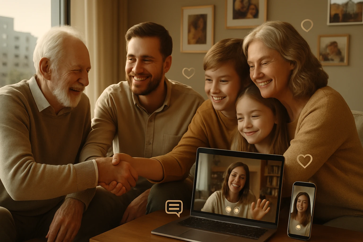 Rodina sa teší z videohovoru s blízkym, usmievajú sa a objímajú.