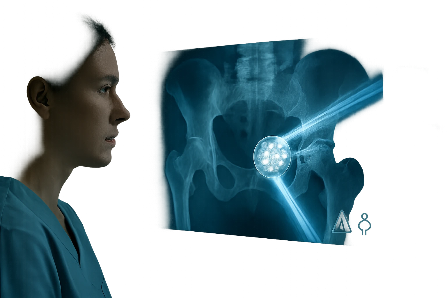 Žena v modrom lekárskom plášti sleduje röntgenový snímok panvy.