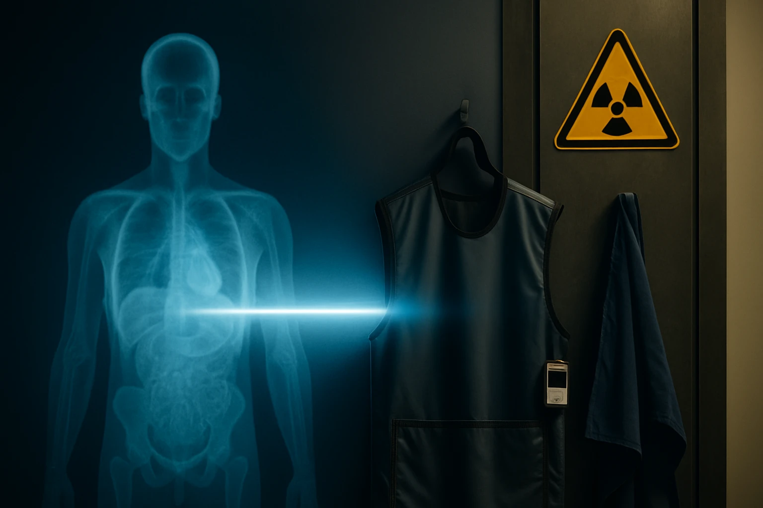 Röntgenfelvétel látható egy emberi test körvonalával és sugárzásjelző táblával.