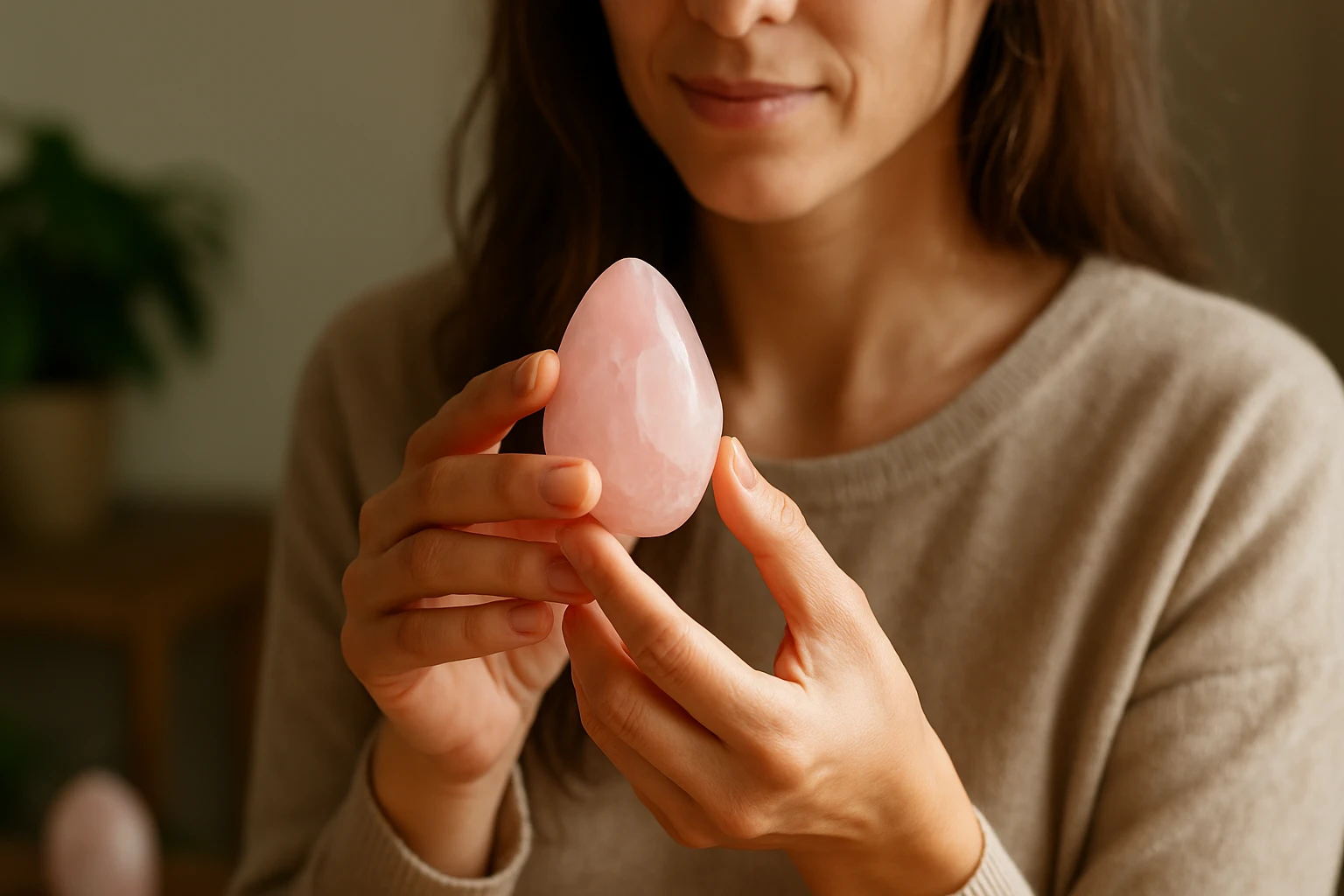 Žena drží ružový kameň v tvare vajíčka, usmieva sa a sústredene ho skúma.