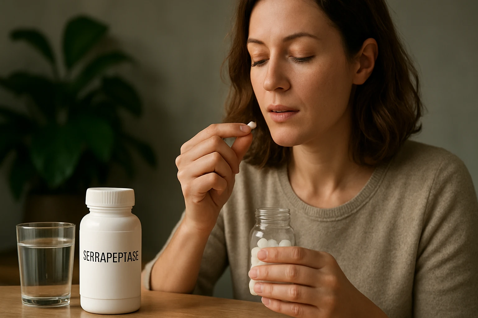 Žena berie tabletku serrapeptázy z fľaše, vedľa má pohár vody.