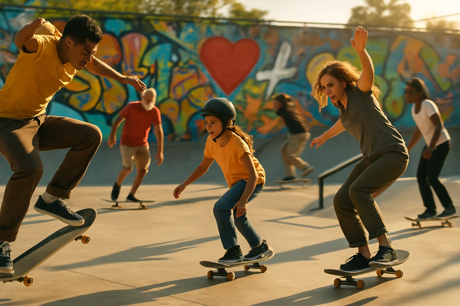 Skateboardisti különböző korosztályokból élvezik a parkot, színes graffiti háttérrel.
