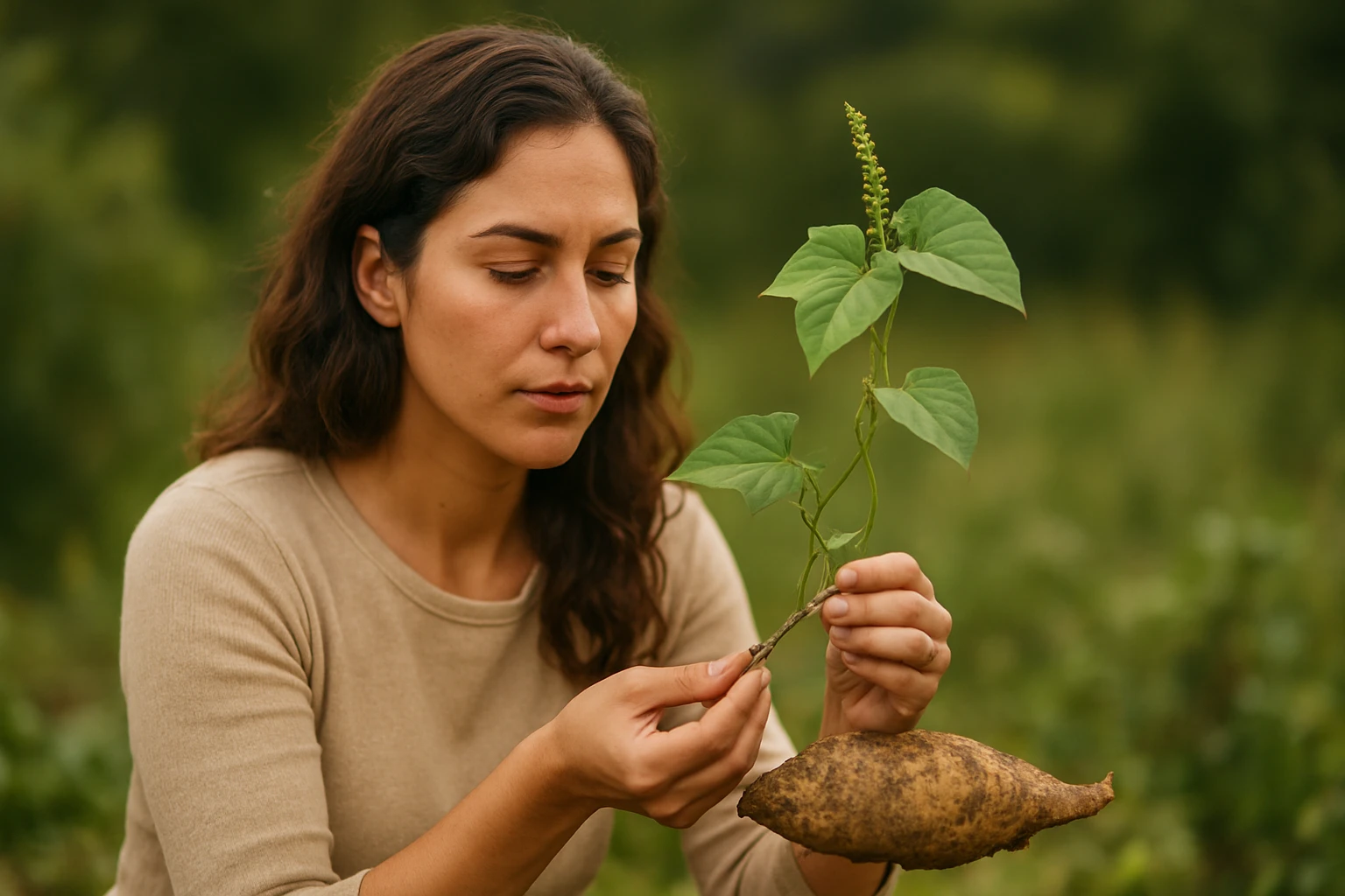 Žena skúma rastlinu so sladkým zemiakom v prírode.