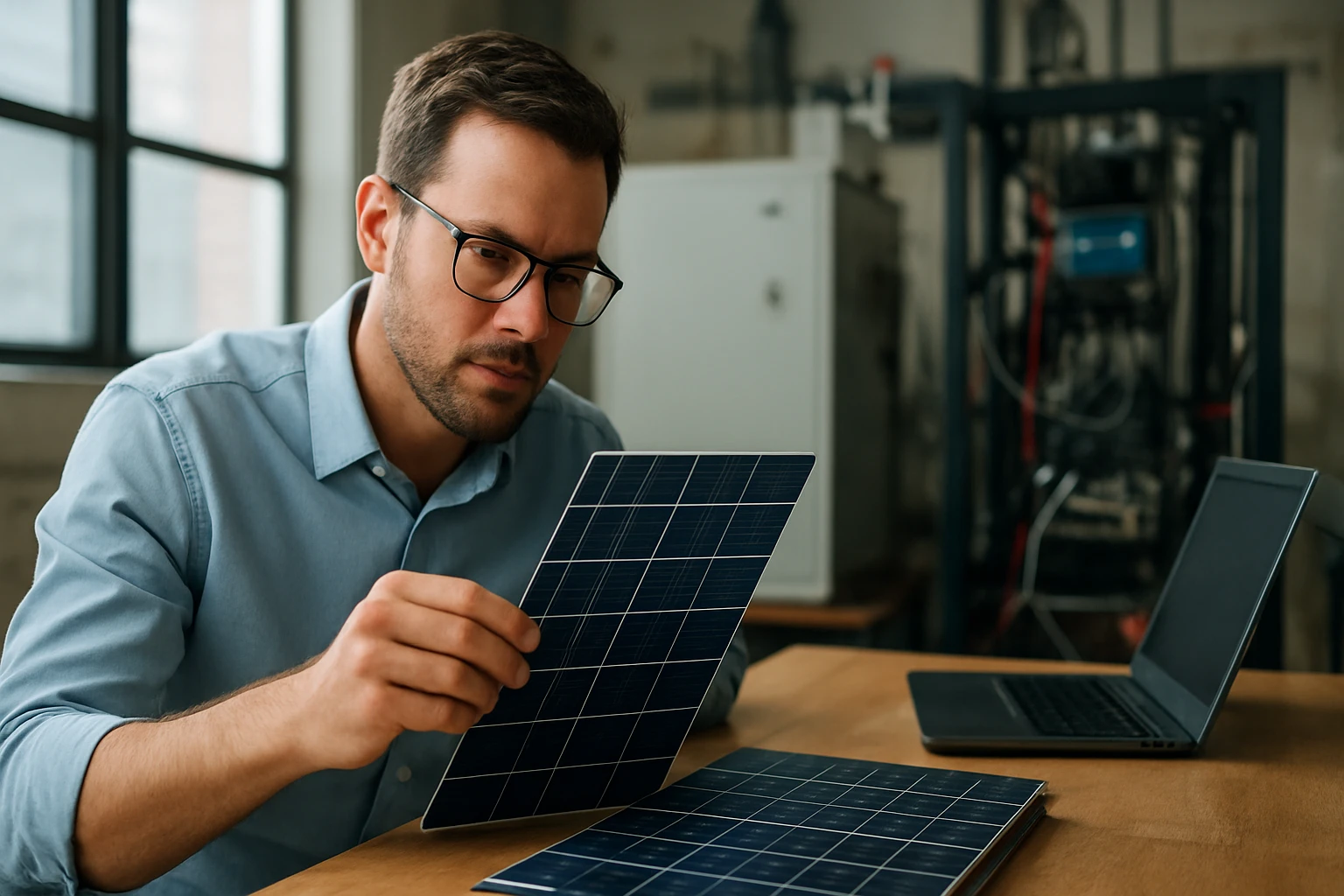 Muž skúma solárny panel na stole, vedľa neho je laptop.