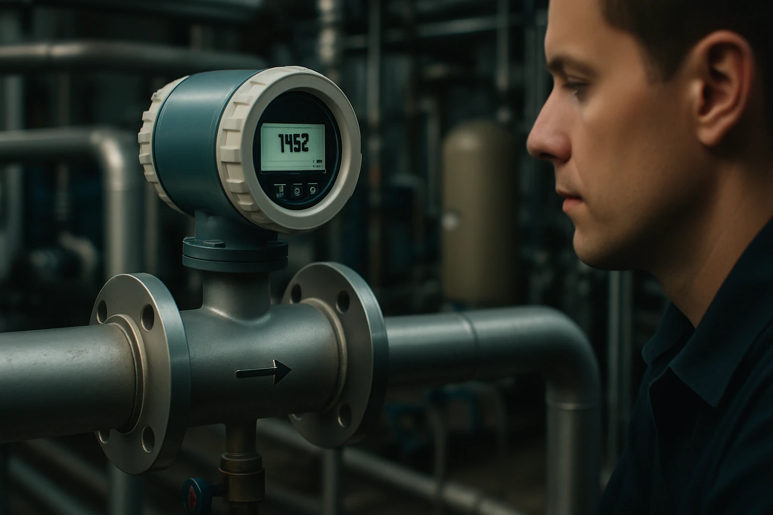 Muž sleduje digitálny prietokomer umiestnený na potrubí.
