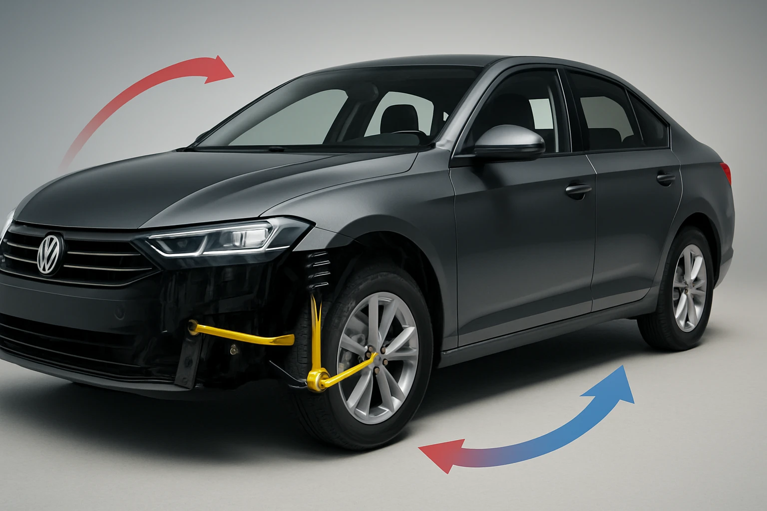 Čierne auto Volkswagen s vyznačenými smermi otáčania kolies.