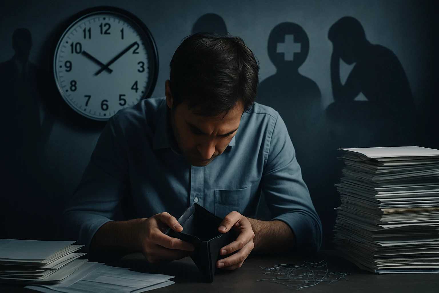 Muž sedí za stolom, smutne sa pozerá do prázdnej peňaženky, okolo sú papiere a hodiny.