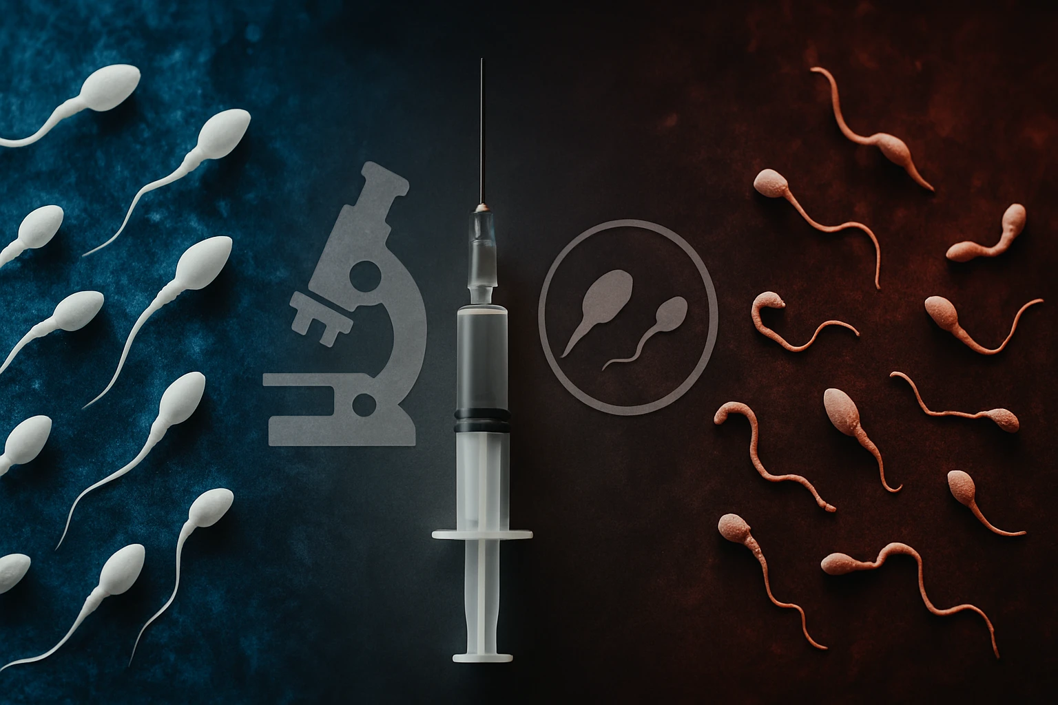 Syringe and sperm illustrations on contrasting dark backgrounds.
