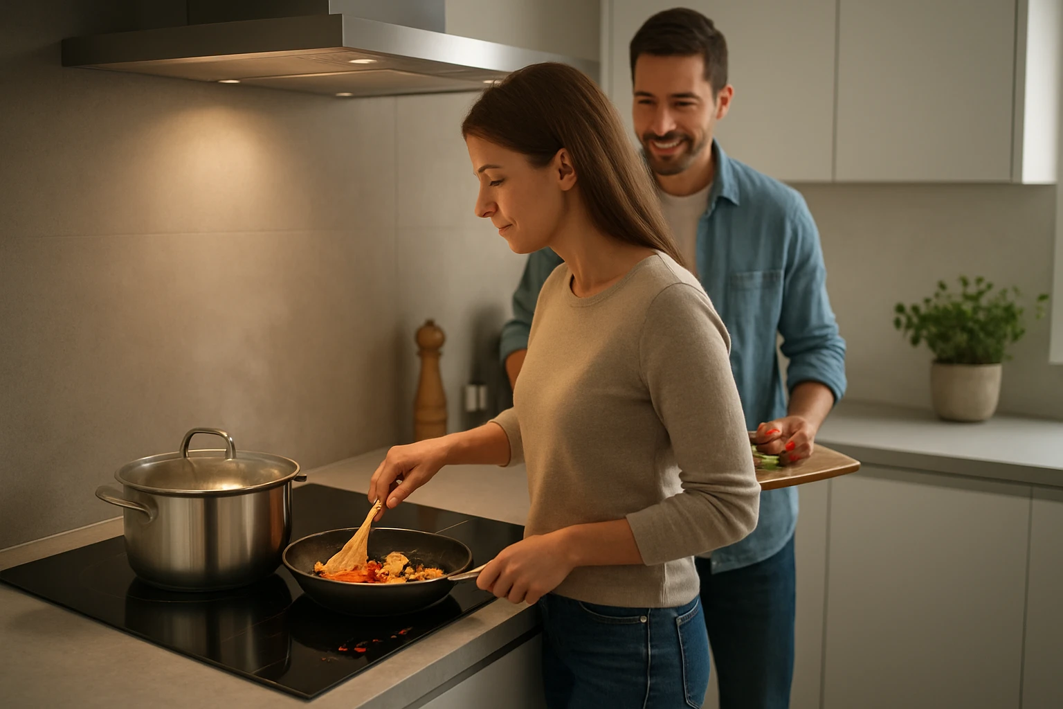Žena varí na sporáku, zatiaľ čo muž s úsmevom drží tanier so zeleninou.