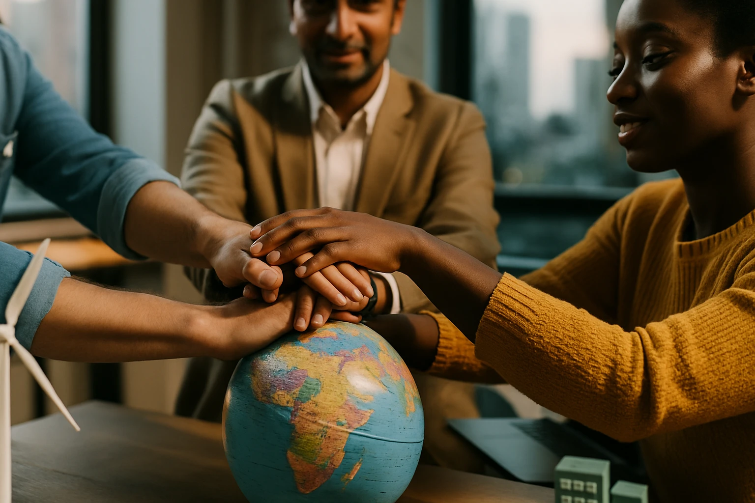 Skupina ľudí spoločne drží ruky na zemeguli, symbolizujúc spoluprácu.
