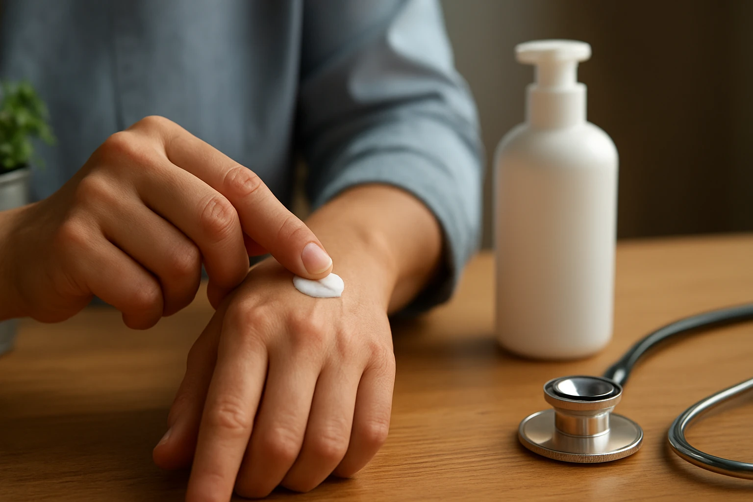 Ruka nanáša krém na pokožku, vedľa je fľaša s krémom a stetoskop.