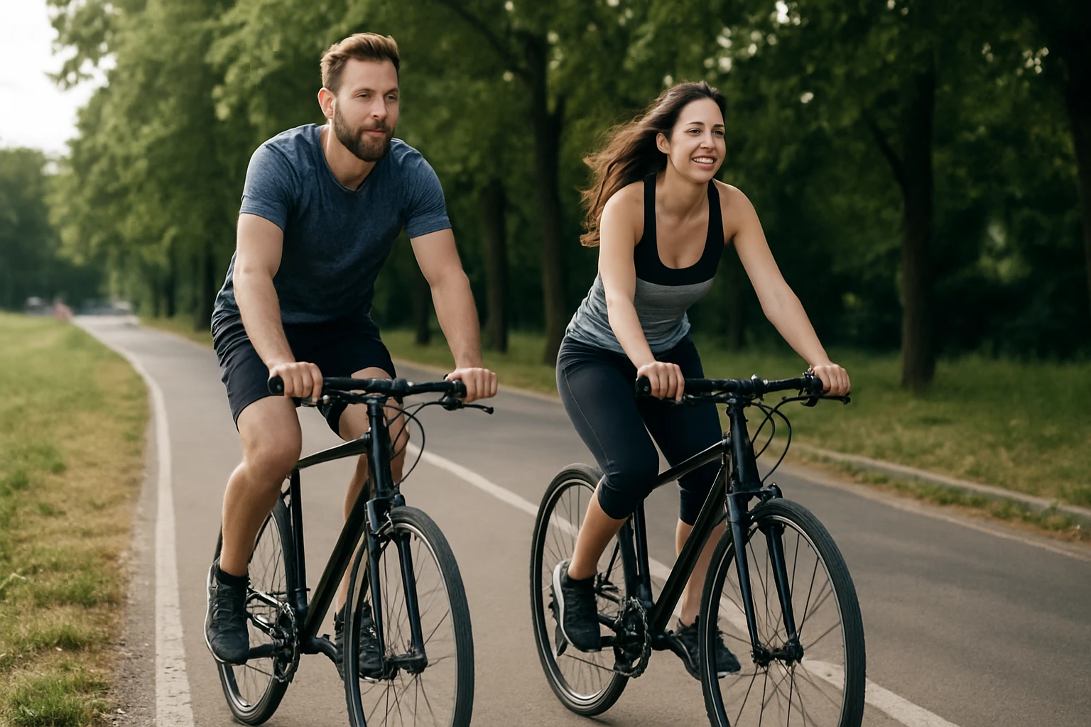 Dve osoby bicyklujú na ceste obklopenej zeleňou, usmievajú sa a vyzerajú šťastne.