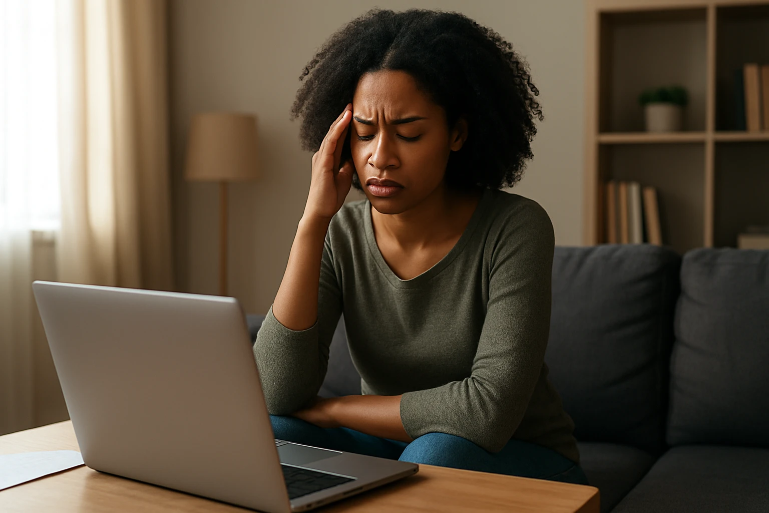 Žena so zamračeným výrazom sedí pri laptopu a drží si hlavu.