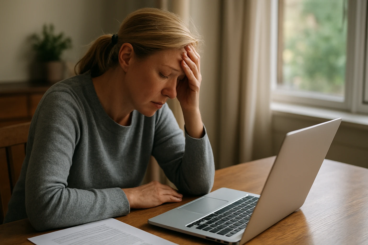 Žena s unaveným výrazom sedí pri stole a pozerá na laptop.