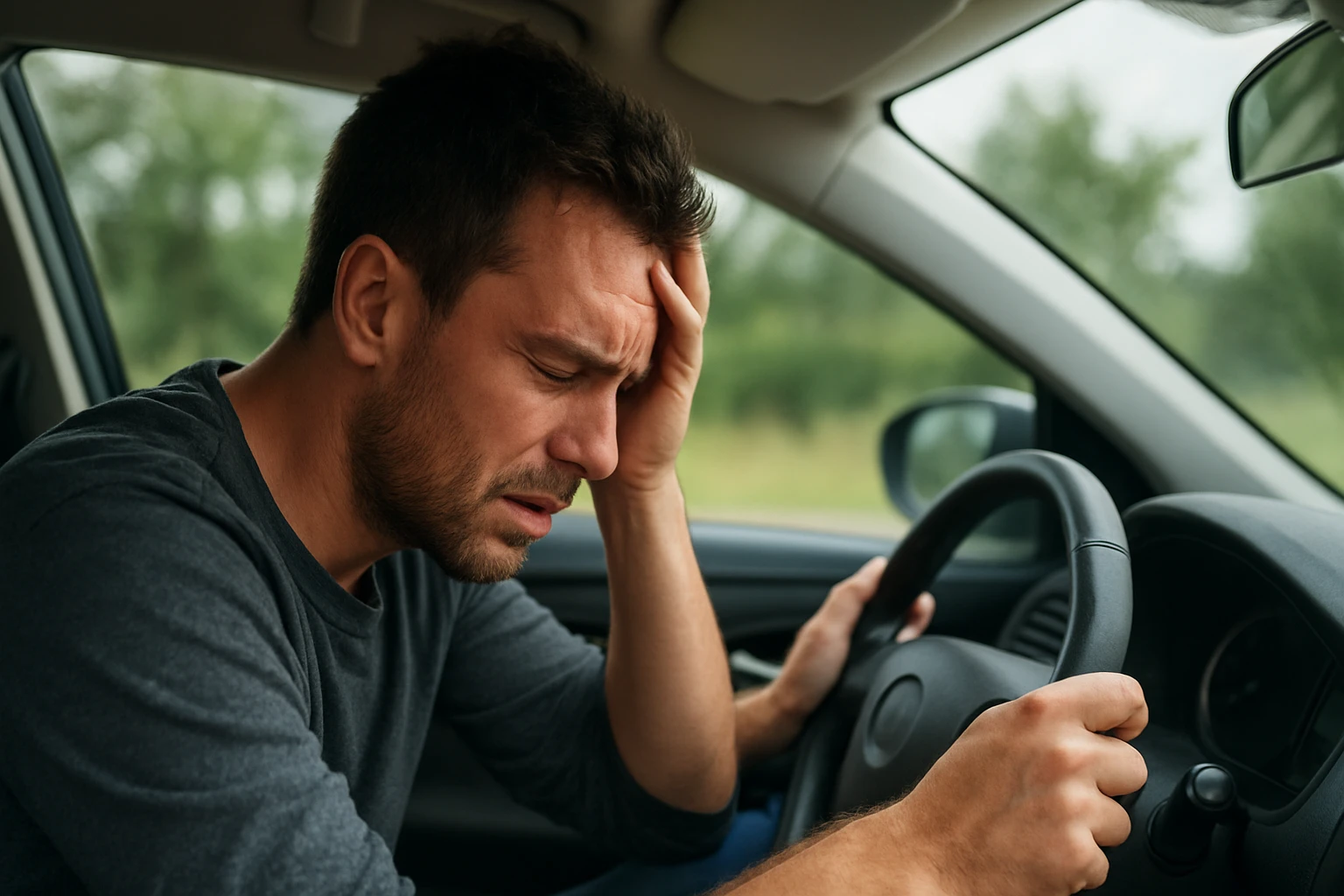 Muž za volantom auta s bolestivým výrazom, drží si hlavu.