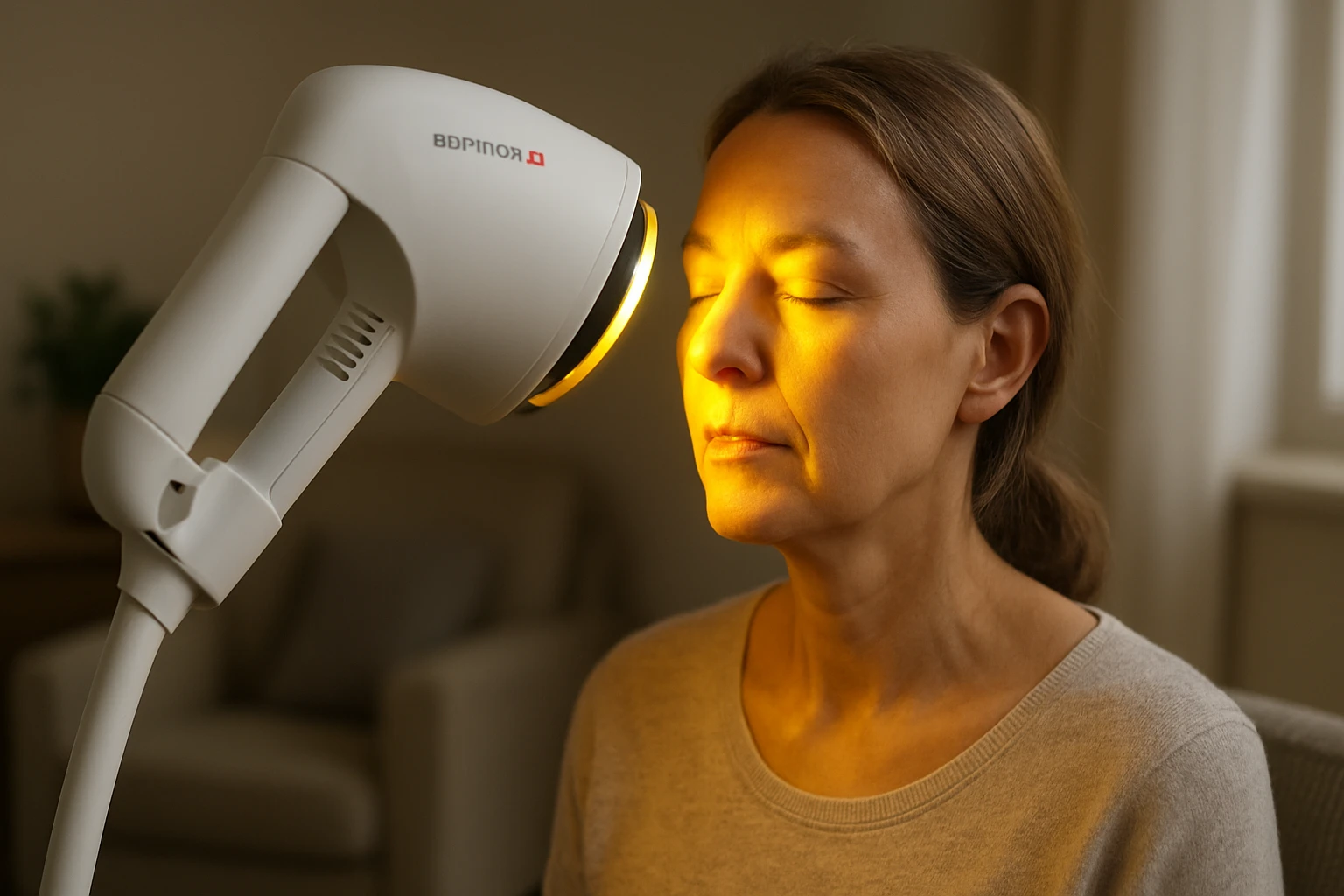 Žena relaxuje pri svetelnej terapii s prístrojom na tvár.