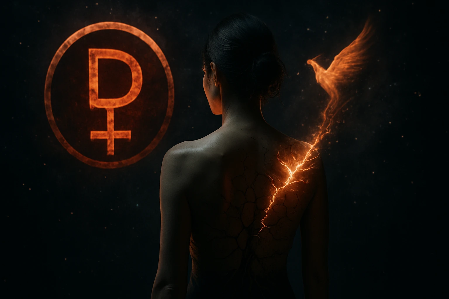 Žena s odhaleným chrbtom, na ktorom je zobrazený symbol a plameň.