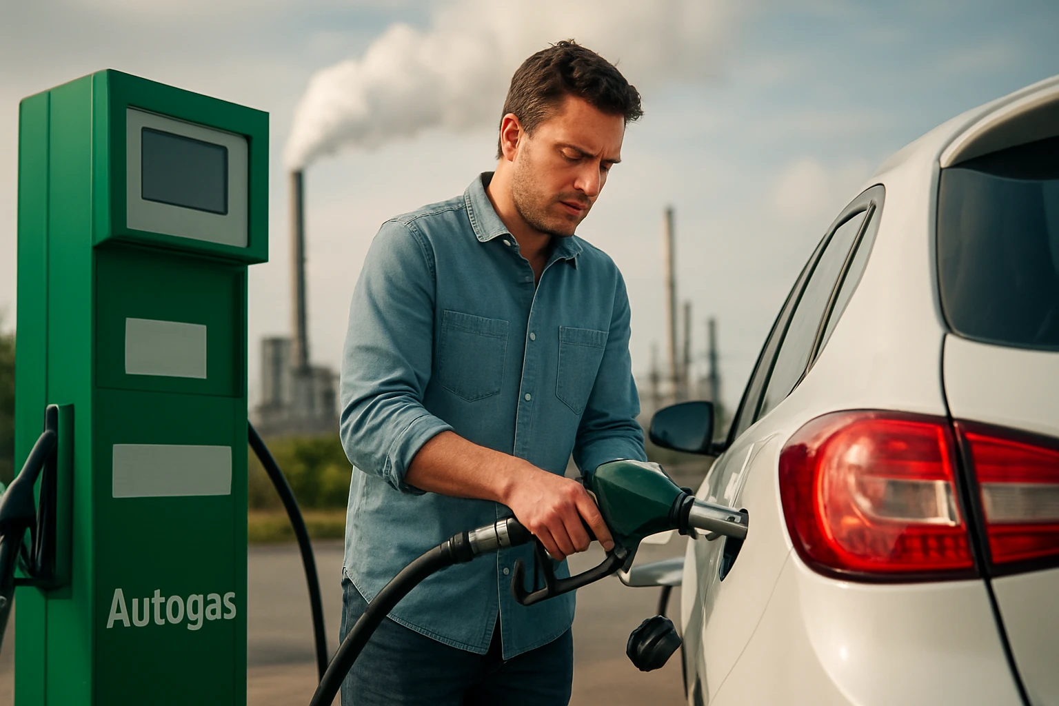 Muž tankuje auto na čerpacej stanici s autogénom v priemyselnom prostredí.