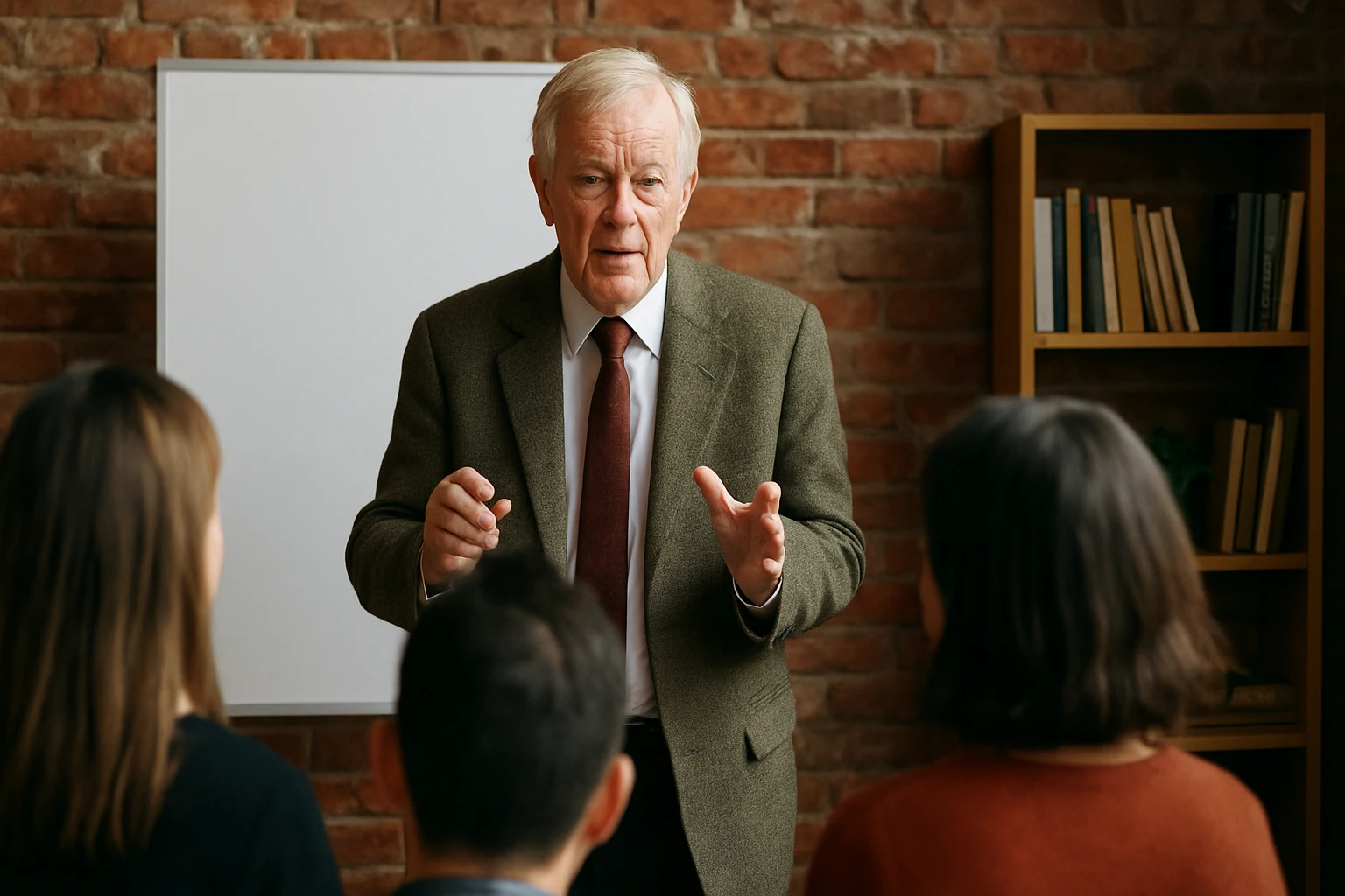 Starší muž beszél egy csoportnak egy téglafal előtt, fehér táblával.