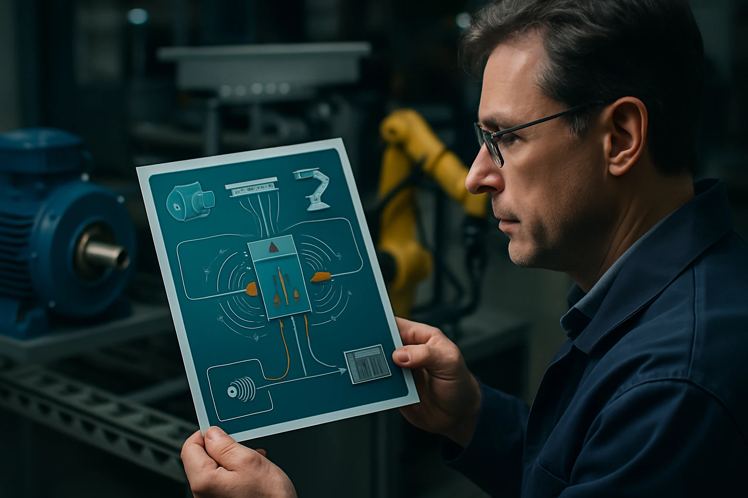 Muž, ktorý študuje technický diagram v priemyselnom prostredí.