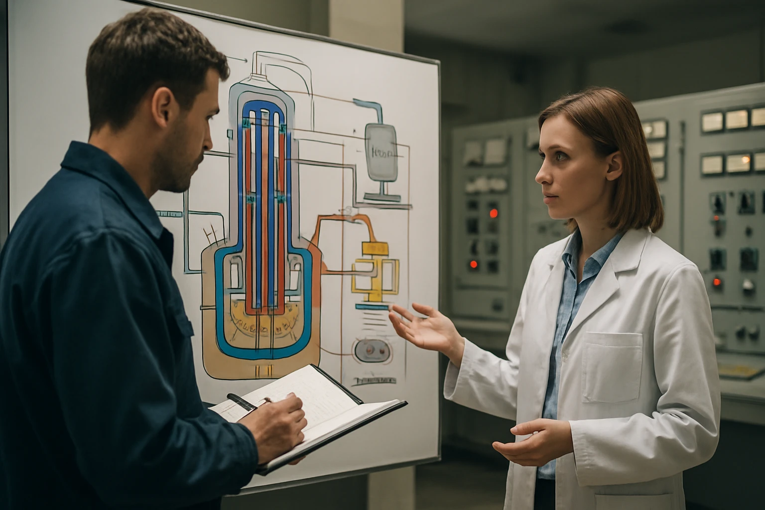 Muž a žena beszélgetnek egy diagram előtt, amely egy technikai rendszert ábrázol.