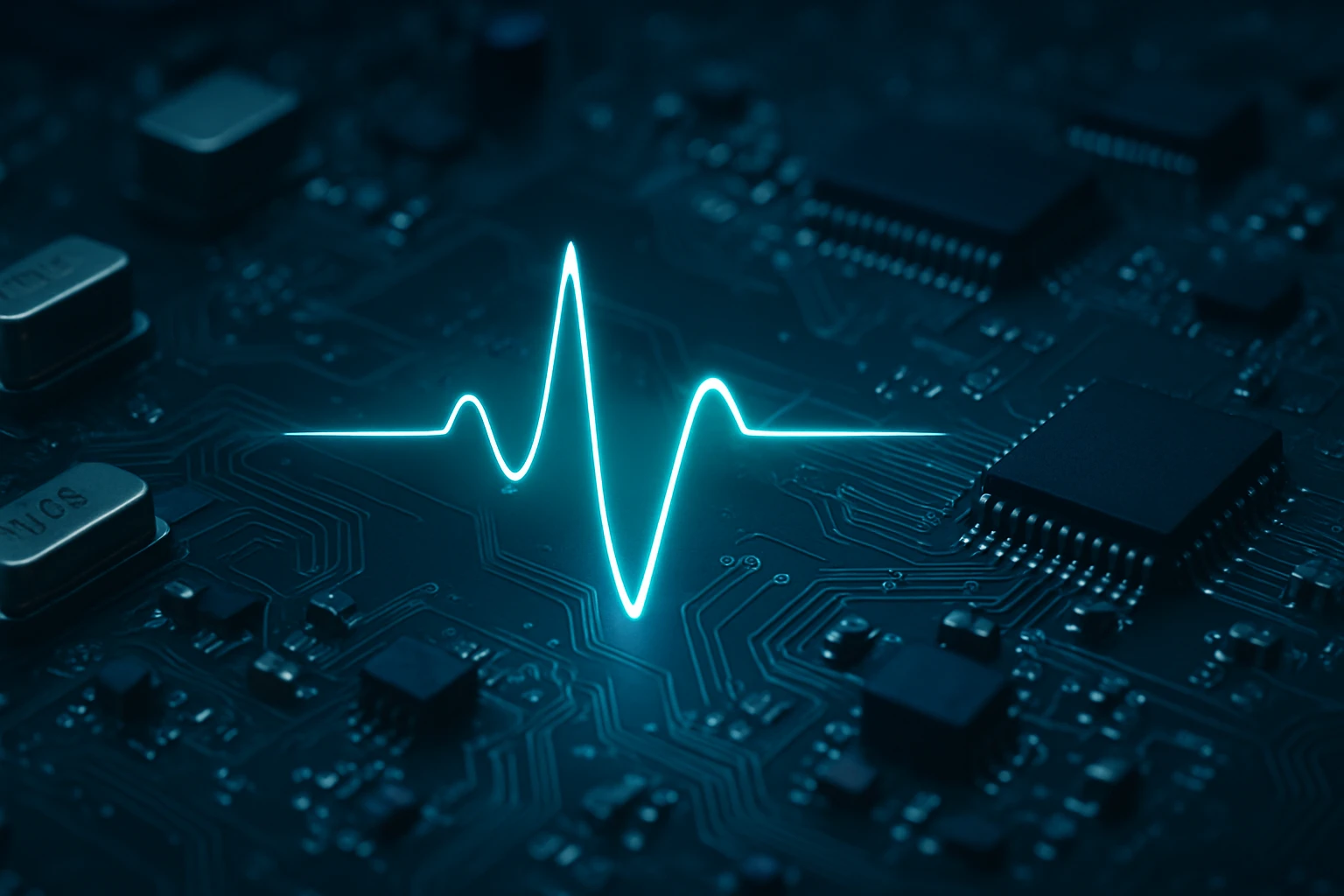 Zelená oscilácia na čiernej doske s obvodmi a čipmi.