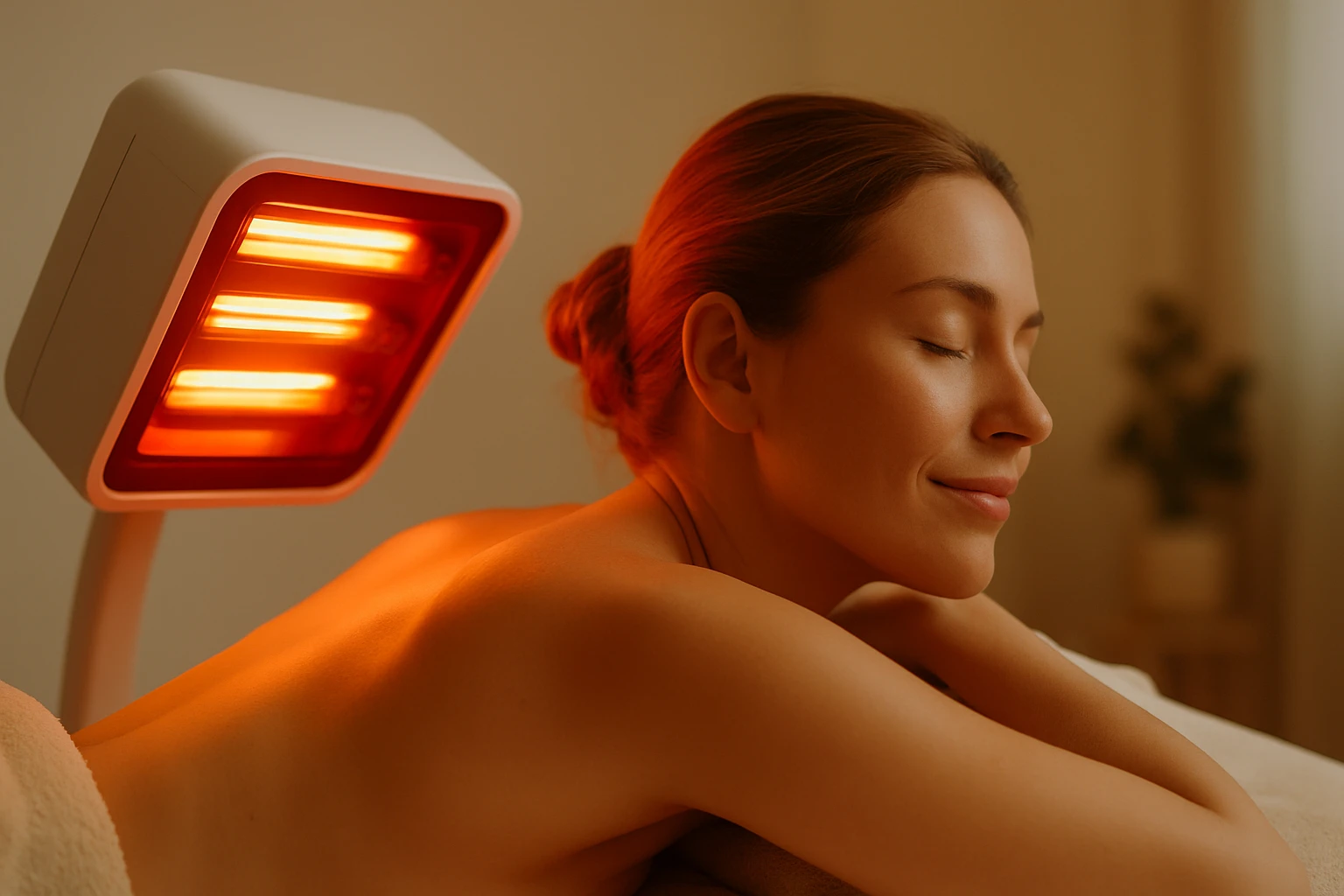 Žena relaxuje pri terapii s červeným svetlom na chrbte.