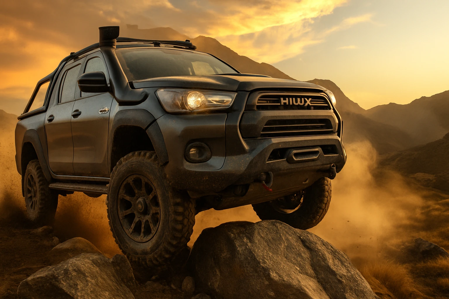 Čierny terénny automobil prekonáva skalnatý terén pri západe slnka.