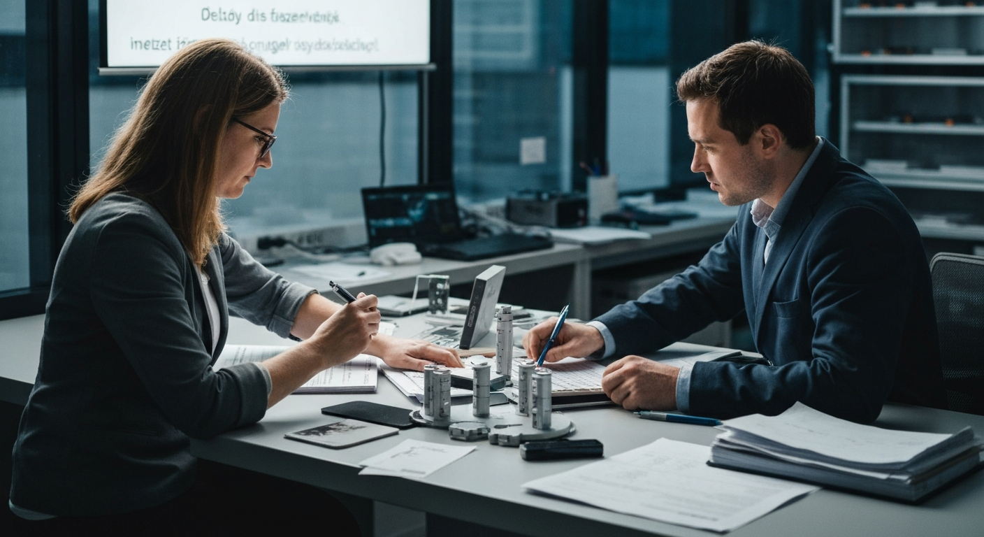 Dve osoby, muž a žena, dolgoznak egy asztalnál, papírokat és műszereket használva.