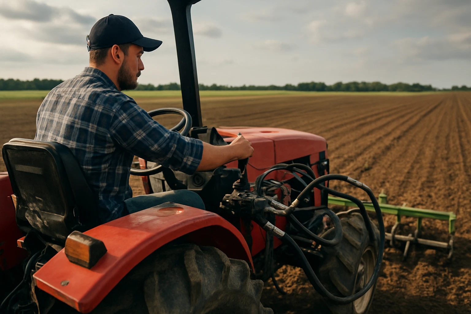 Muž riadi traktor na poli, pripravený na orbu.